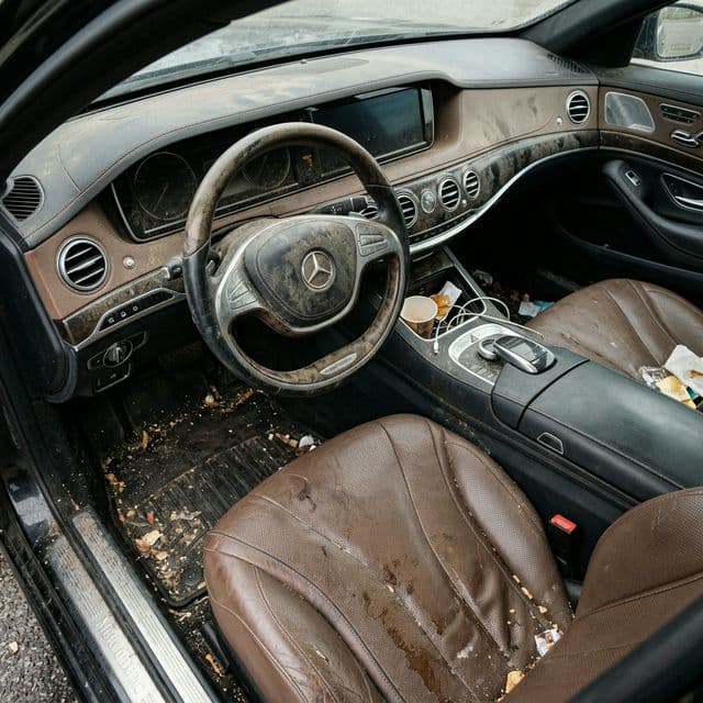 Stained car interior before detailing